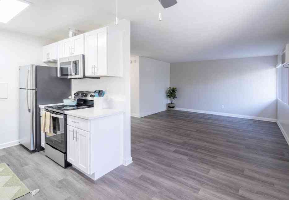 knolls on elm apartments open concept floor plan view from kitchen to living room.