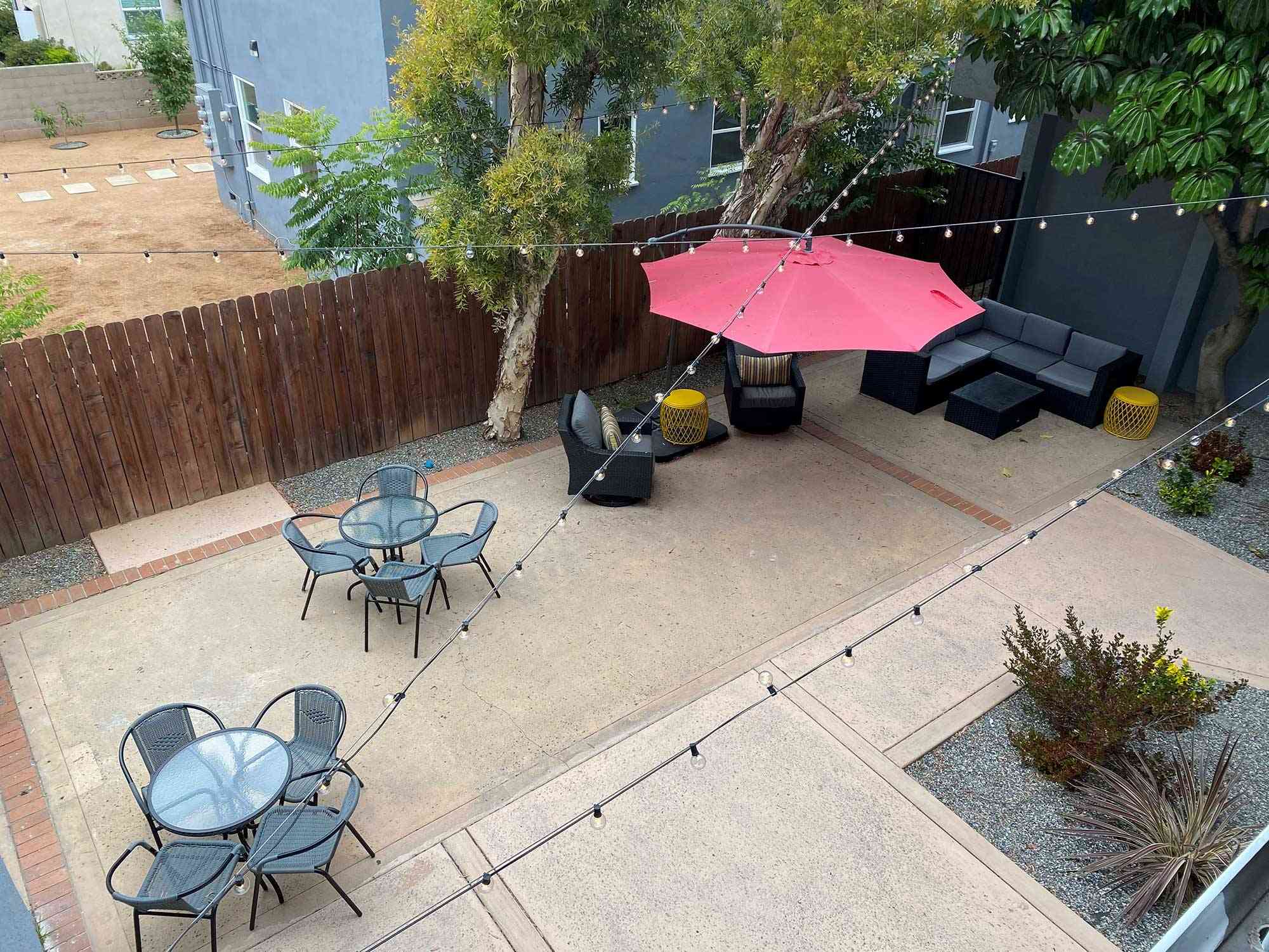 elm court apartments overhead view of patio with bistro dining tables