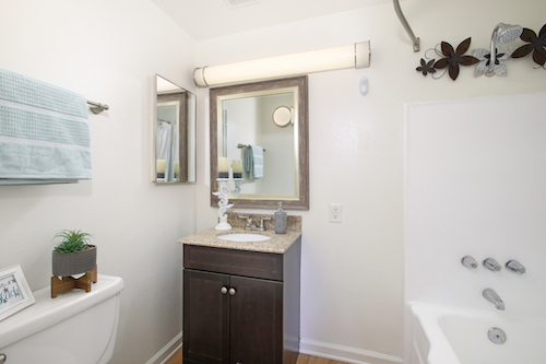 The Bixby dwelling bathroom with vanity and tub